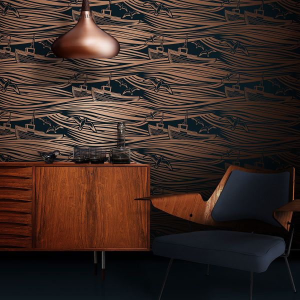 Whitby Wallpaper Midnight and Copper Mini Moderns 